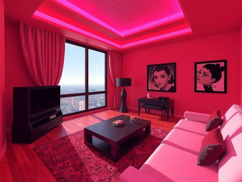 Screenshot of IMVU room viewer showing a modern virtual lounge