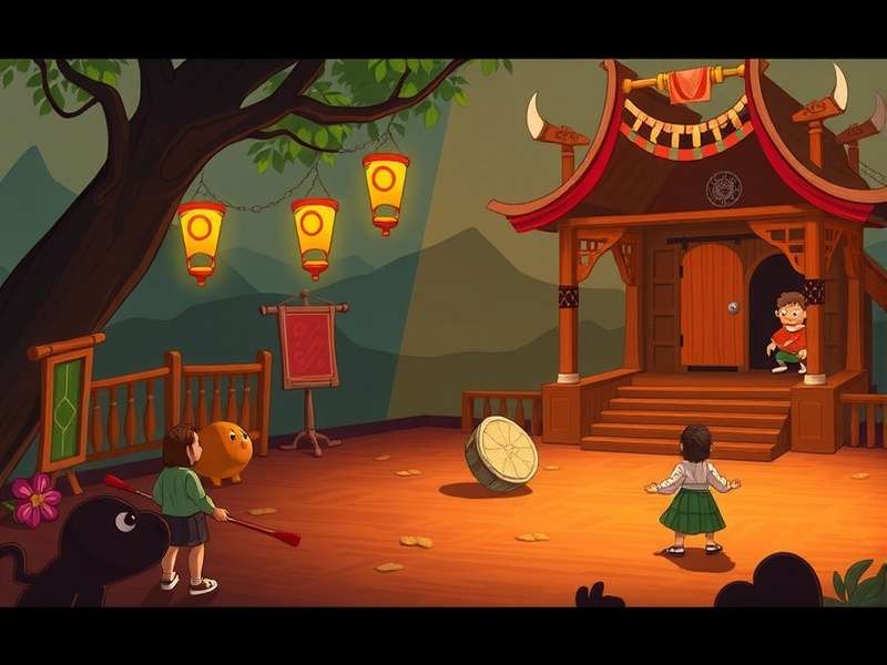 A vibrant virtual concert scene with avatars and musical notes floating in the air