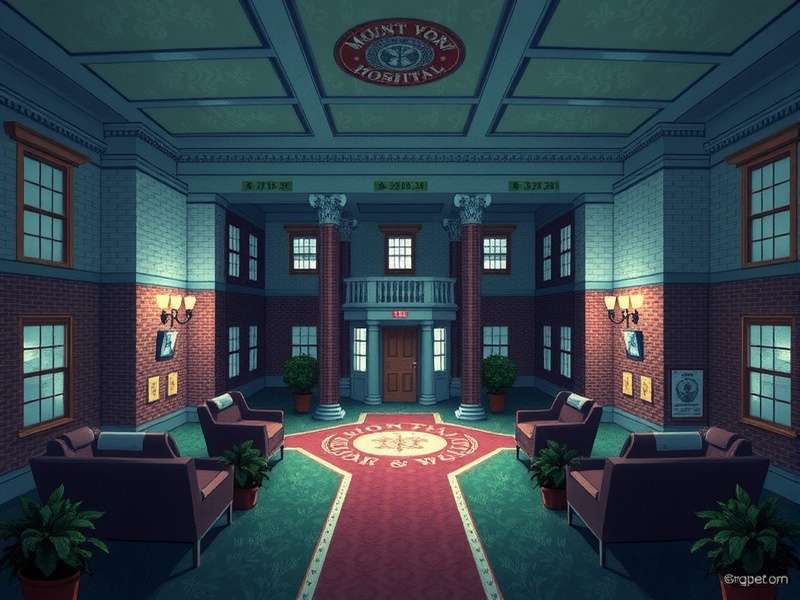 A modern, welcoming virtual hospital lobby in the IMVU style, with avatars interacting.