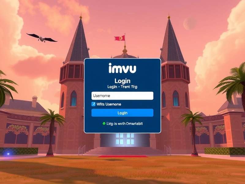IMVU virtual world avatar login screen on a laptop in a modern UK home setting