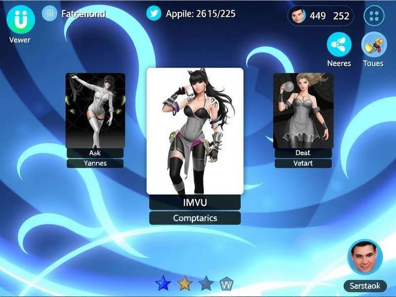 Imvu Avatar Card Viewer interface showcasing avatar cards, stats, and virtual fashion layout
