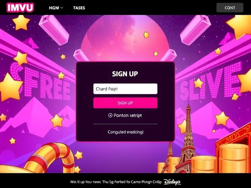 IMVU Classic sign up banner showing the 3D social world interface with avatars and virtual rooms